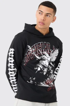 Regular Fit Large Graphic Raw Hem Hoodie | BoohooMAN UK