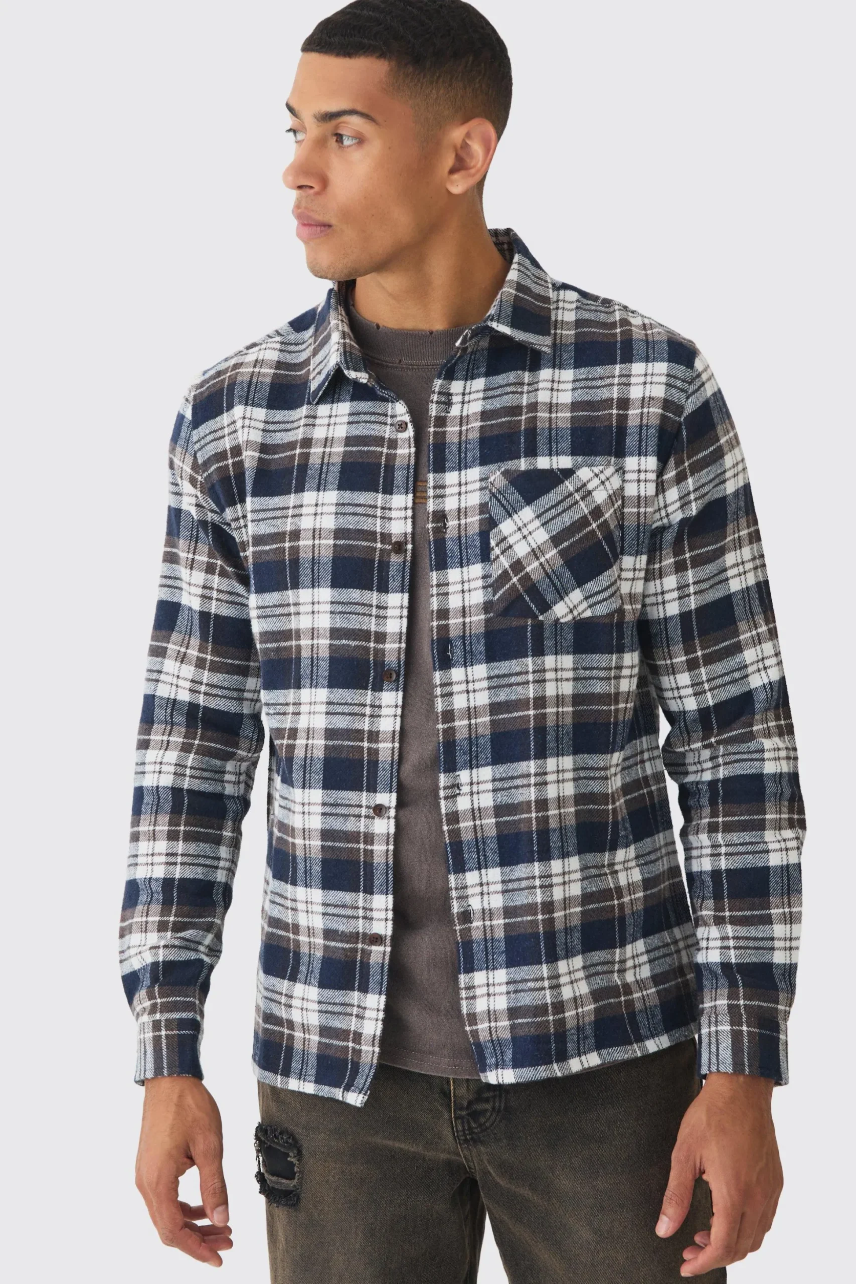 Regular Fit Long Sleeve Check Shirt | BoohooMAN UK
