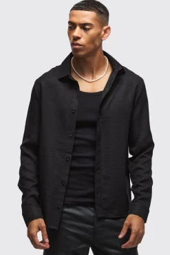 Regular Fit Long Sleeve Linen Shirt | BoohooMAN UK