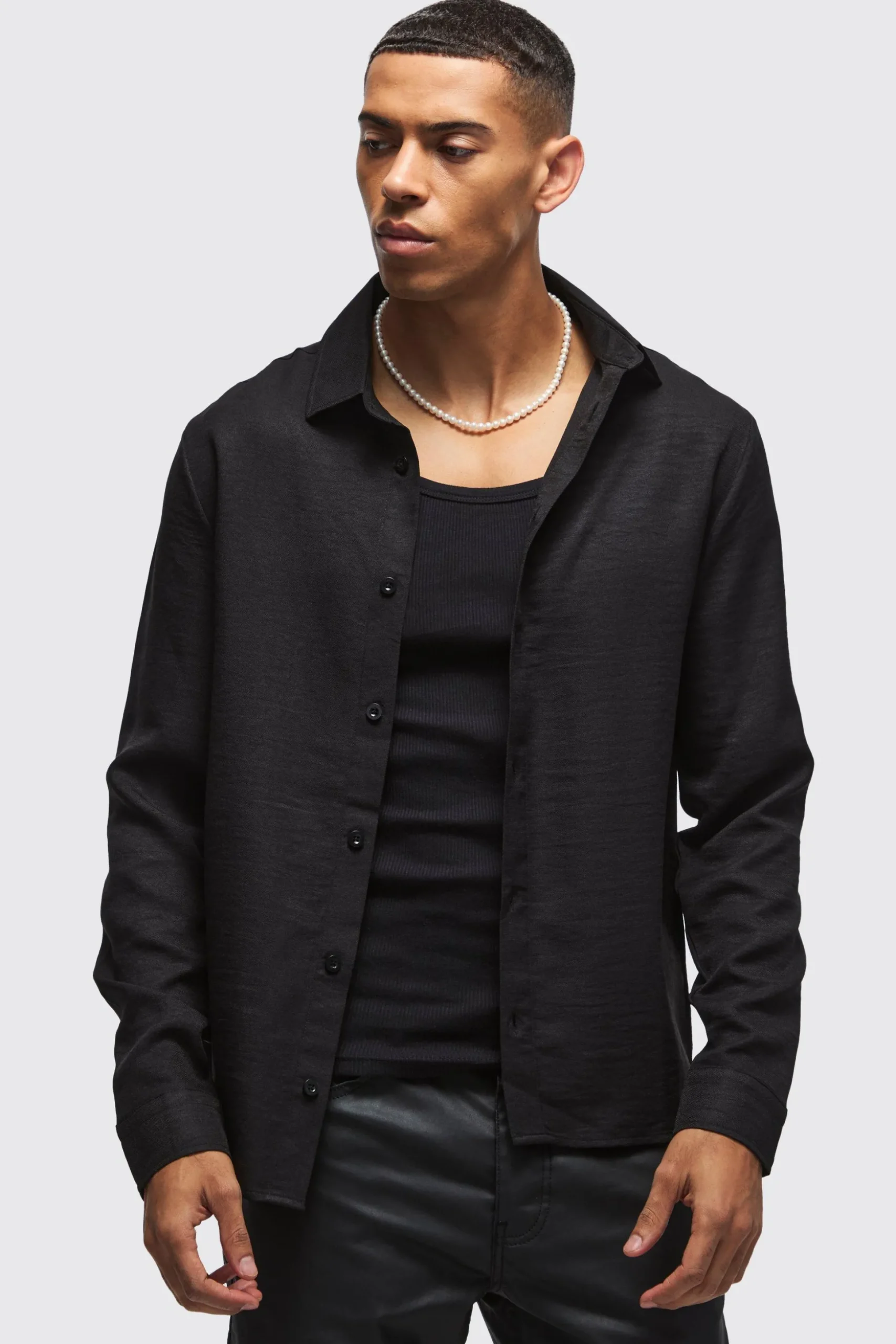 Regular Fit Long Sleeve Linen Shirt | BoohooMAN UK