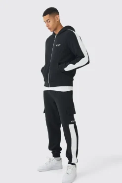 Regular Fit MAN Colour Block Cargo Pocket Zip Through Hooded Tracksuit | BoohooMAN UK