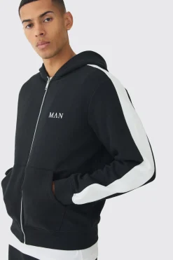 Regular Fit MAN Colour Block Cargo Pocket Zip Through Hooded Tracksuit | BoohooMAN UK