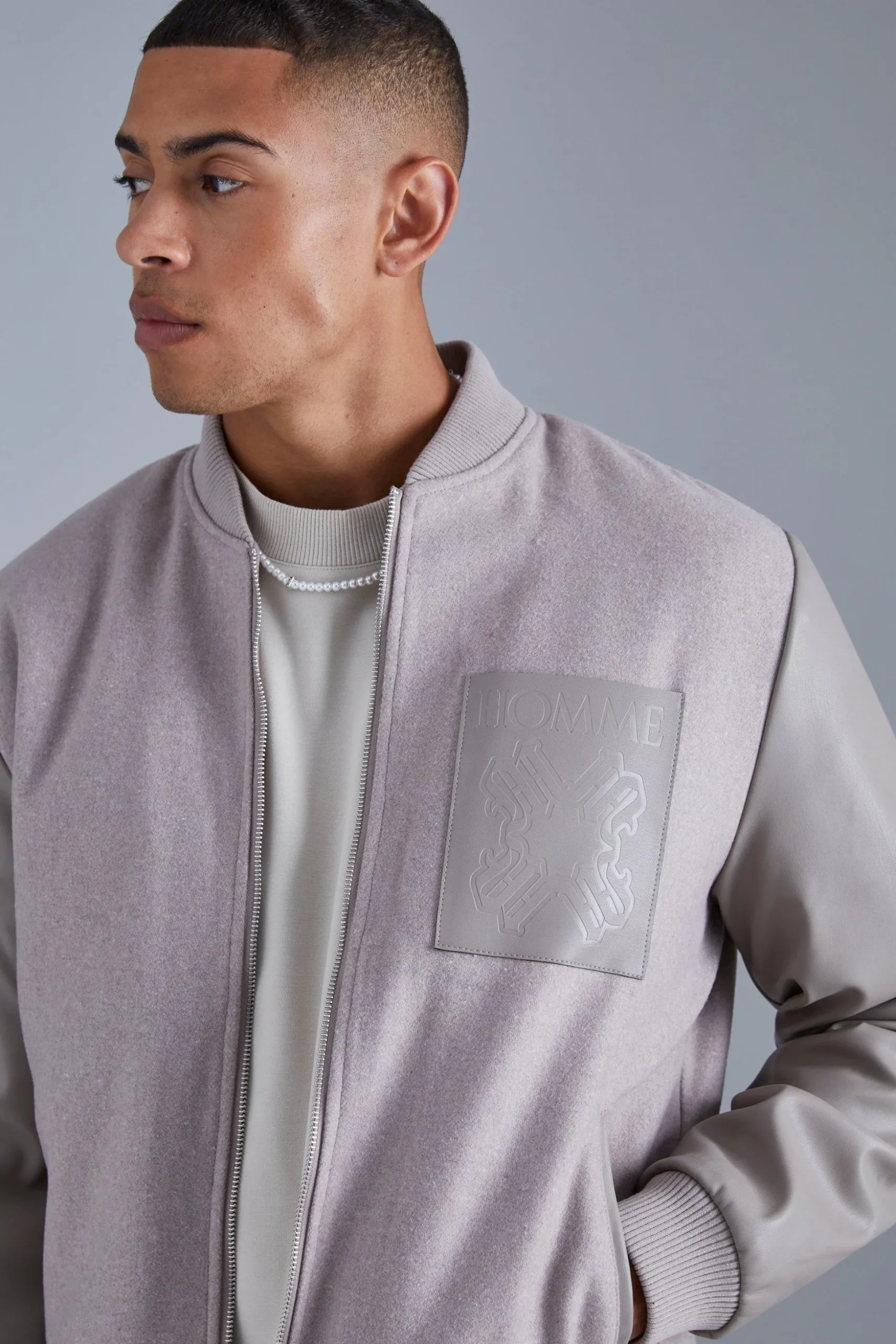 Regular Fit Melton & Pu Patch Bomber | BoohooMAN UK