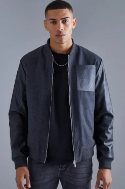 Regular Fit Melton & Pu Patch Bomber | BoohooMAN UK