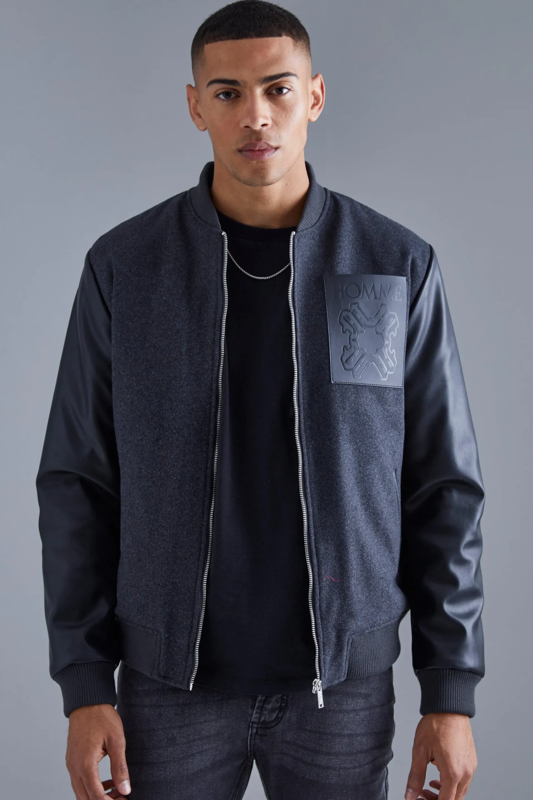 Regular Fit Melton & Pu Patch Bomber | BoohooMAN UK