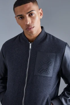 Regular Fit Melton & Pu Patch Bomber | BoohooMAN UK