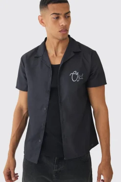 Regular Fit OFCL Contrast Print Revere Shirt | BoohooMAN UK