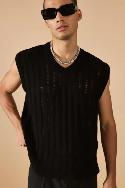 Regular Fit Open Stitch Vest In Black | BoohooMAN UK