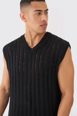 Regular Fit Open Stitch Vest In Black | BoohooMAN UK