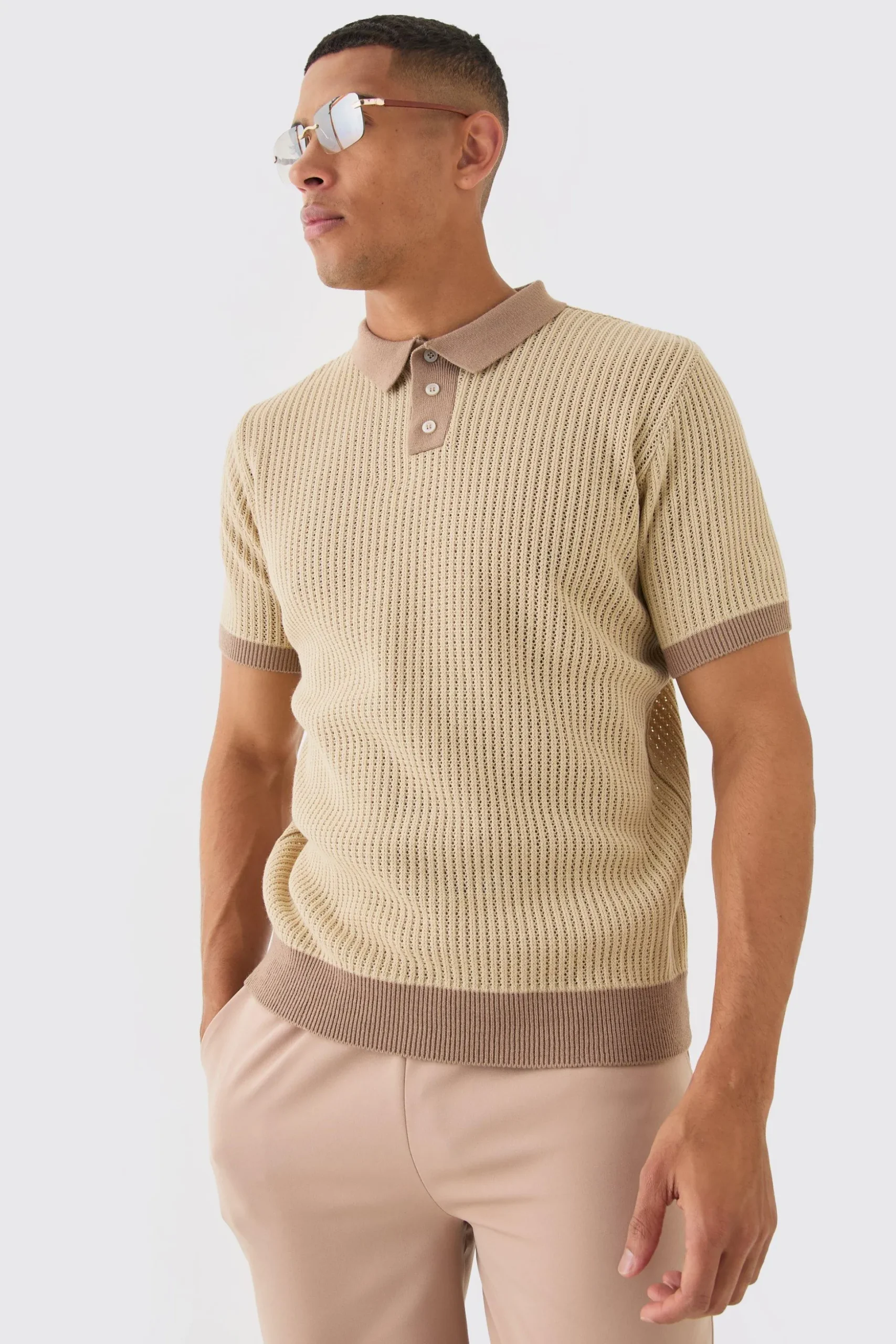 Regular Fit Ribbed Open Stitch Contrast Polo In Taupe | BoohooMAN UK
