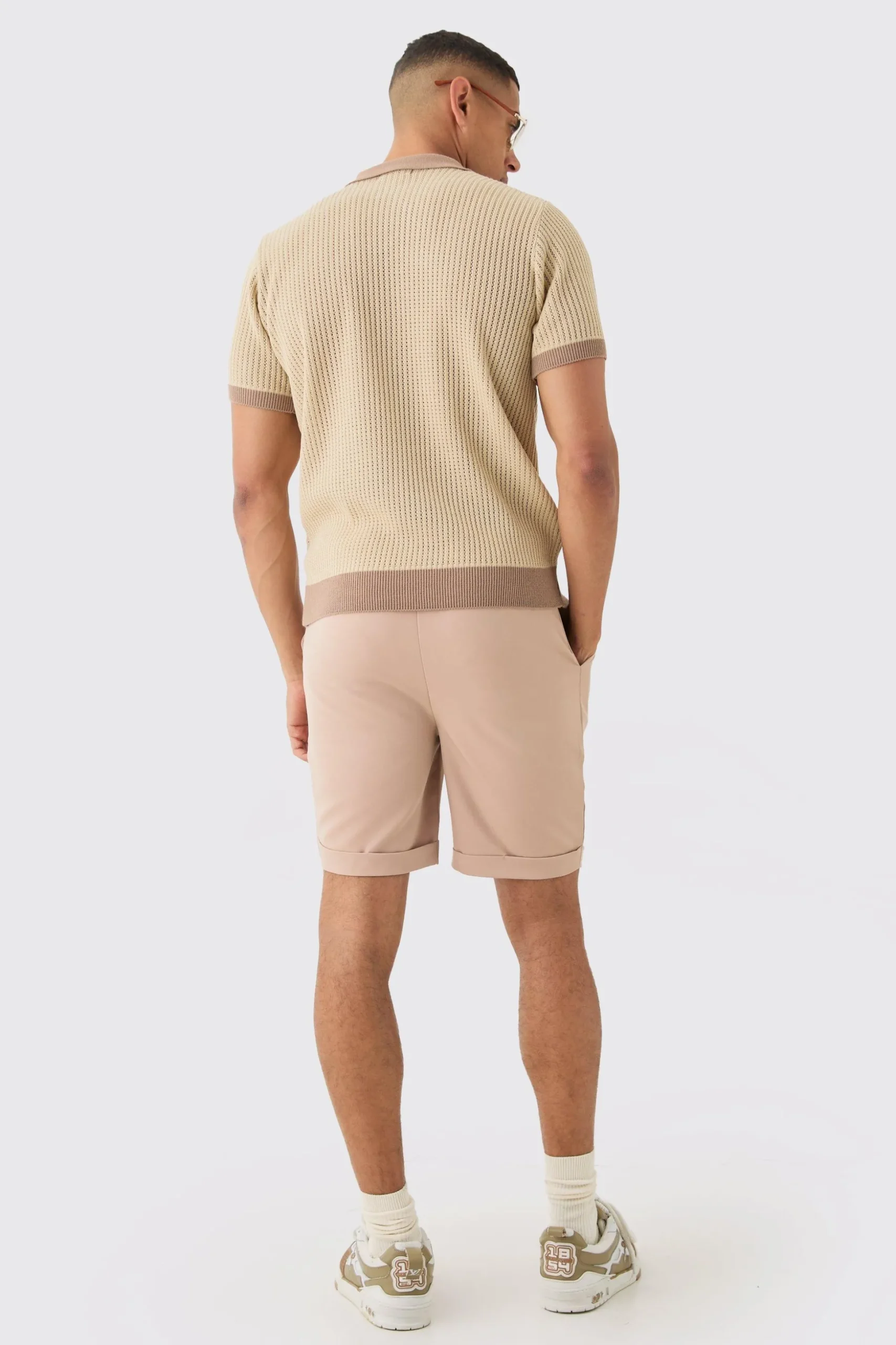Regular Fit Ribbed Open Stitch Contrast Polo In Taupe | BoohooMAN UK