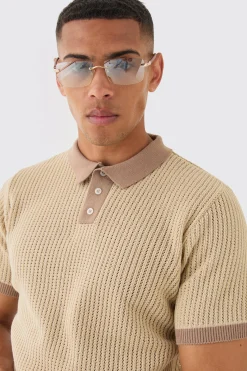 Regular Fit Ribbed Open Stitch Contrast Polo In Taupe | BoohooMAN UK