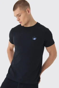 Regular Fit Space Embroidery T-shirt | BoohooMAN UK