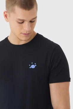 Regular Fit Space Embroidery T-shirt | BoohooMAN UK