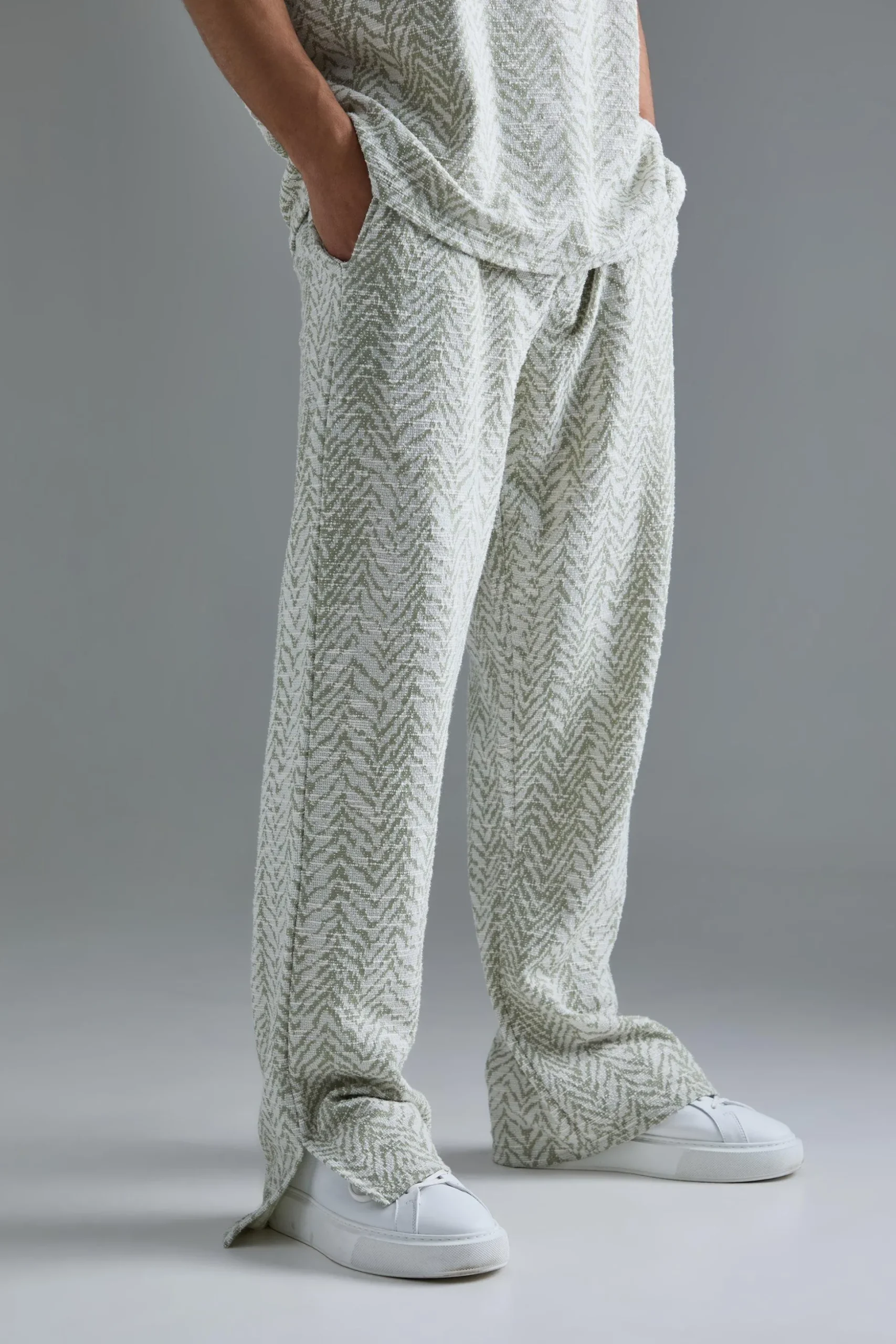 Regular Fit Split Hem Jacquard Trousers | BoohooMAN UK