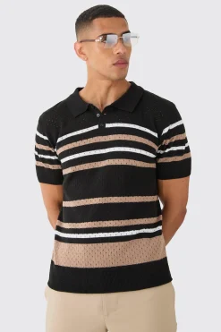 Regular Fit Stripe Open Stitch Polo | BoohooMAN UK