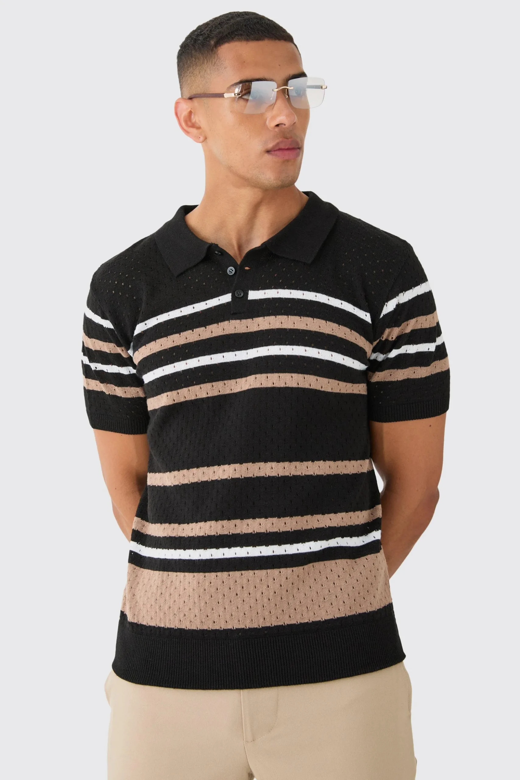 Regular Fit Stripe Open Stitch Polo | BoohooMAN UK