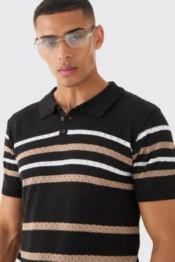 Regular Fit Stripe Open Stitch Polo | BoohooMAN UK