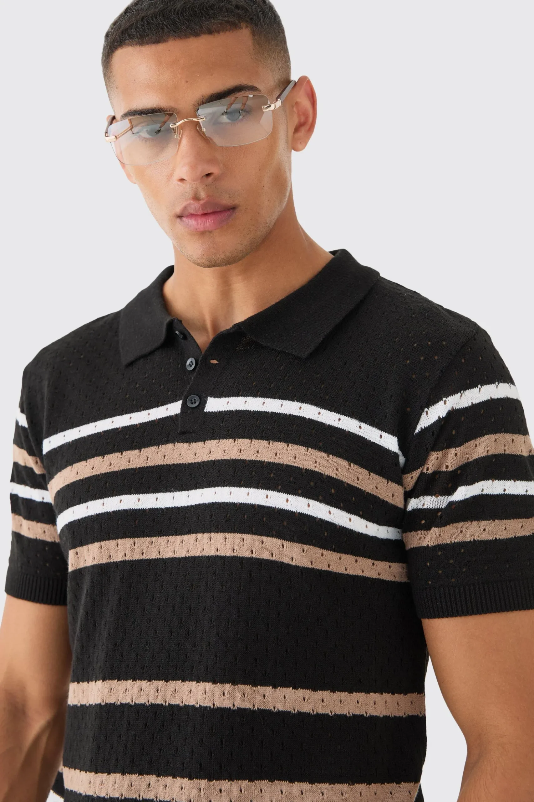 Regular Fit Stripe Open Stitch Polo | BoohooMAN UK