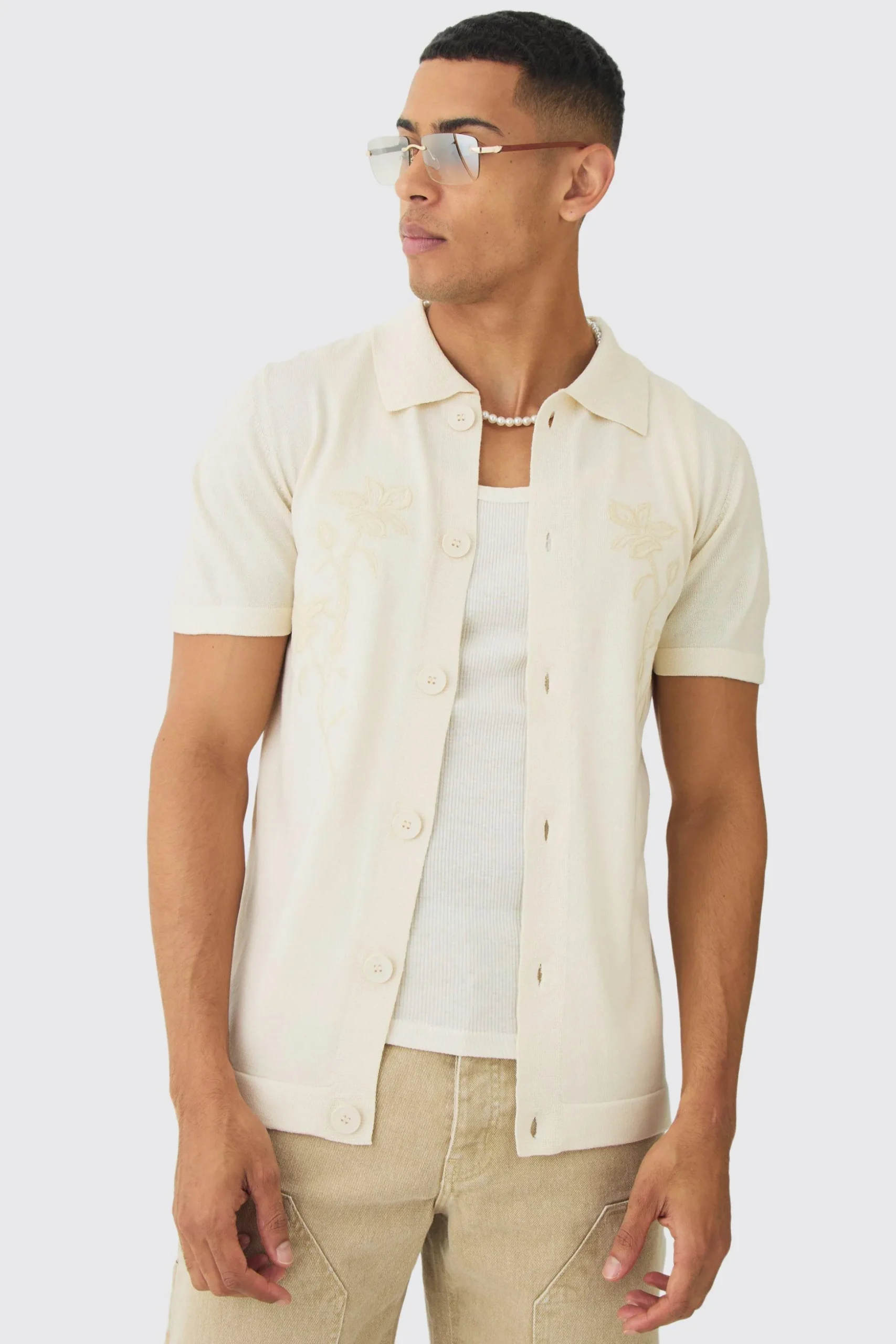 Regular Fit Tonal Embroidered Knitted Shirt | BoohooMAN UK