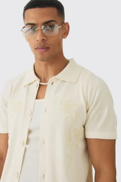 Regular Fit Tonal Embroidered Knitted Shirt | BoohooMAN UK