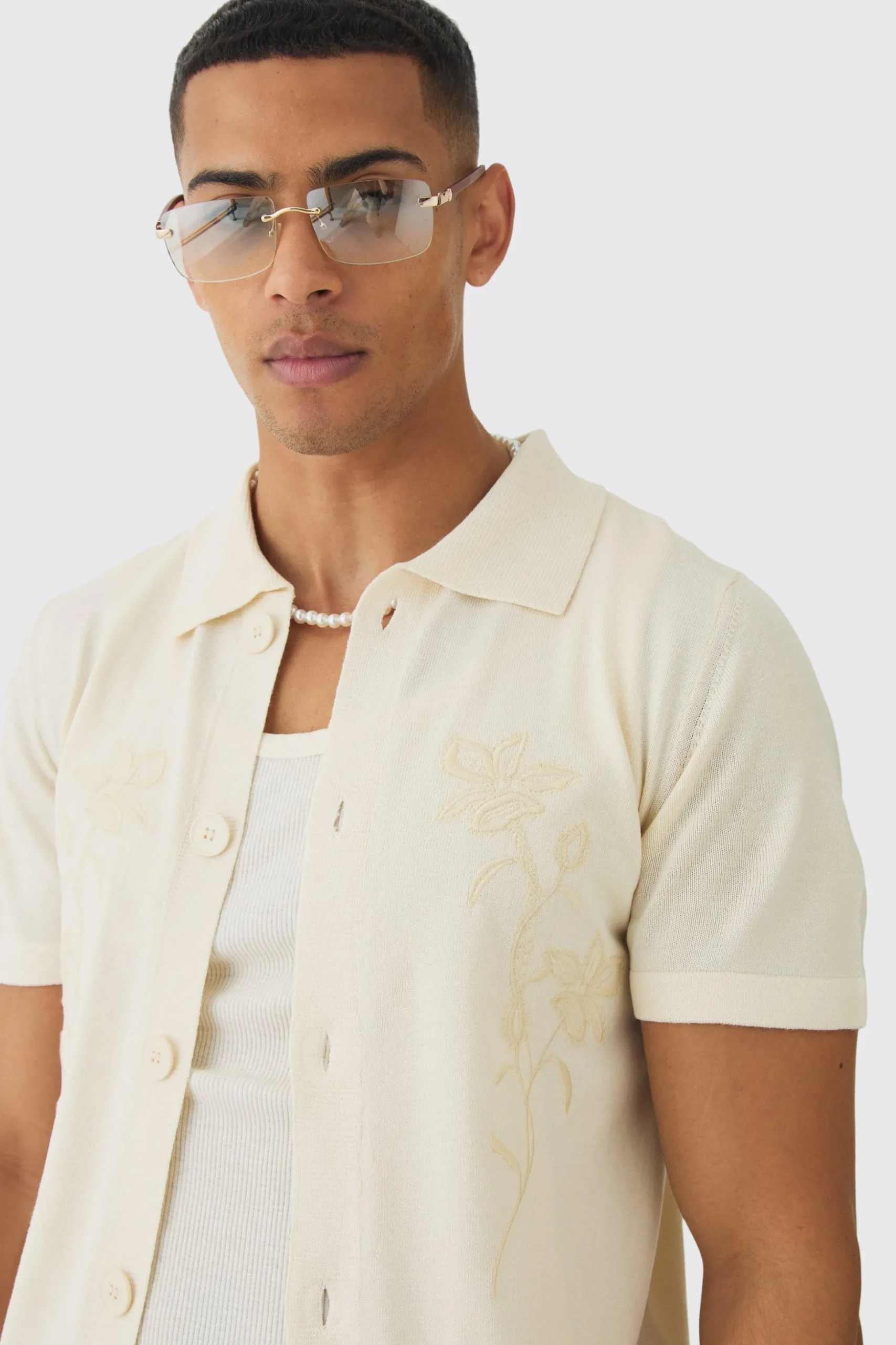 Regular Fit Tonal Embroidered Knitted Shirt | BoohooMAN UK