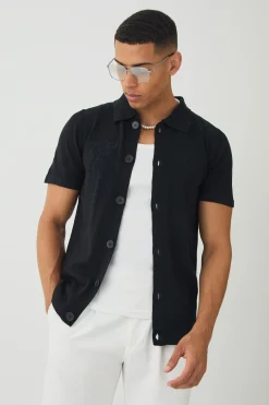 Regular Fit Tonal Embroidered Knitted Shirt | BoohooMAN UK