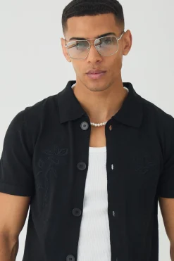 Regular Fit Tonal Embroidered Knitted Shirt | BoohooMAN UK