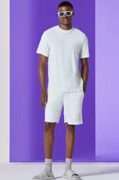 Regular Fit Towelling Pearl Embroidered T-shirt And Short Set | BoohooMAN UK