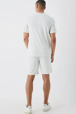 Regular Fit Towelling Pearl Embroidered T-shirt And Short Set | BoohooMAN UK