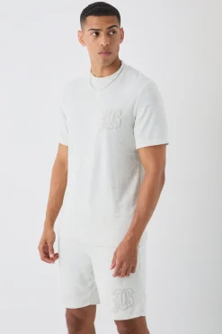 Regular Fit Towelling Pearl Embroidered T-shirt And Short Set | BoohooMAN UK