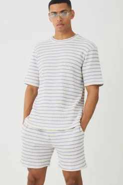 Regular Fit Waffle Stripe T-shirt & Shorts Set | BoohooMAN UK