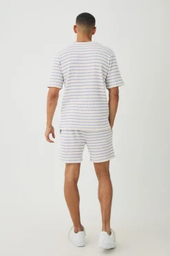 Regular Fit Waffle Stripe T-shirt & Shorts Set | BoohooMAN UK
