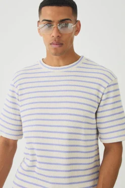 Regular Fit Waffle Stripe T-shirt & Shorts Set | BoohooMAN UK
