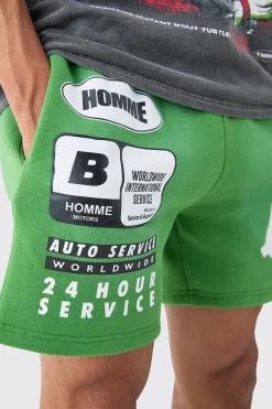 Regular Fit Washed Applique Moto Printed Shorts | BoohooMAN UK