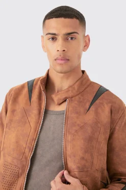 Regular Fit Washed Faux Suede Moto Jacket | BoohooMAN UK