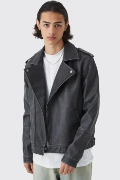 Regular Fit Washed Pu Biker | BoohooMAN UK