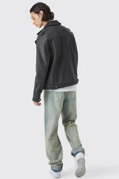 Regular Fit Washed Pu Biker | BoohooMAN UK