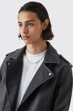 Regular Fit Washed Pu Biker | BoohooMAN UK