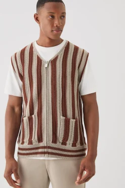 Regular Fit Zip Through Open Knit Stripe Gilet | BoohooMAN UK
