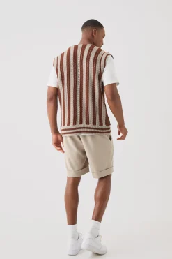 Regular Fit Zip Through Open Knit Stripe Gilet | BoohooMAN UK