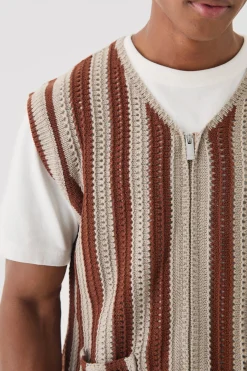 Regular Fit Zip Through Open Knit Stripe Gilet | BoohooMAN UK