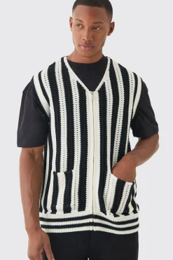 Regular Fit Zip Through Open Knit Stripe Gilet | BoohooMAN UK