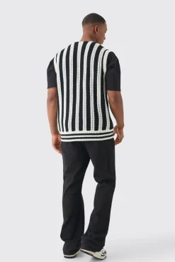 Regular Fit Zip Through Open Knit Stripe Gilet | BoohooMAN UK