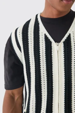 Regular Fit Zip Through Open Knit Stripe Gilet | BoohooMAN UK
