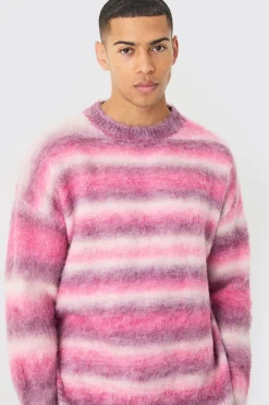 Regular Knitted Brushed Stripe Sweater In Pink | BoohooMAN UK