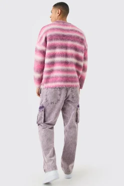 Regular Knitted Brushed Stripe Sweater In Pink | BoohooMAN UK