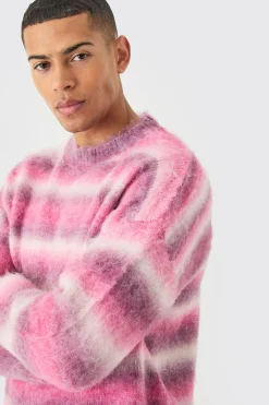 Regular Knitted Brushed Stripe Sweater In Pink | BoohooMAN UK