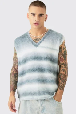 Regular Knitted Brushed Stripe V Neck Tank | BoohooMAN UK
