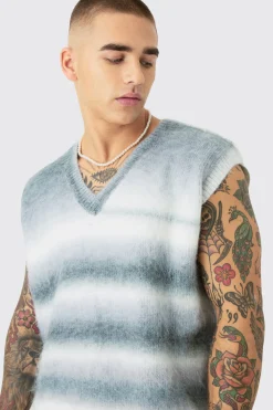 Regular Knitted Brushed Stripe V Neck Tank | BoohooMAN UK